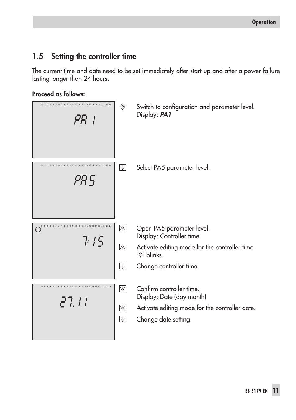 5 set ting the con trol ler time 11, Con trol ler time 11, Setting the controller time | 5 setting the controller time, 11 operation, Eb 5179 en | Samson Trovis 5100 User Manual | Page 11 / 142