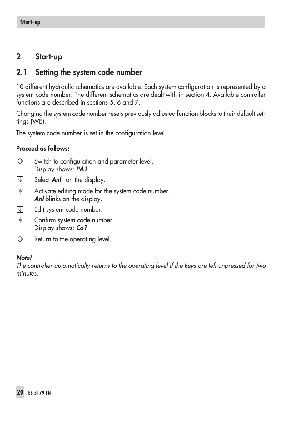 2 start-up 20, 1 set ting the sys tem code num ber 20, Start-up 20 - 26 | Sys tem code num ber 20, Start-up, Setting the system code number, 2start-up 2.1 setting the system code number | Samson Trovis 5100 User Manual | Page 20 / 142