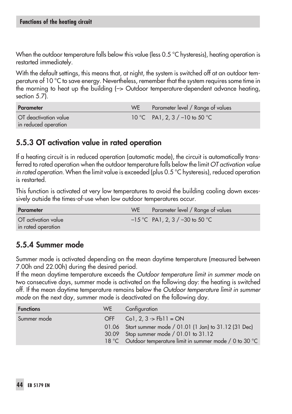 6 delayed out door tem pe ra ture adap ta tion 44, Sum mer mode 44, Delayed outdoor temperature adaptation | Outdoor temperature-dependent advance heating, 3 ot activation value in rated operation, 4 summer mode | Samson Trovis 5100 User Manual | Page 44 / 142