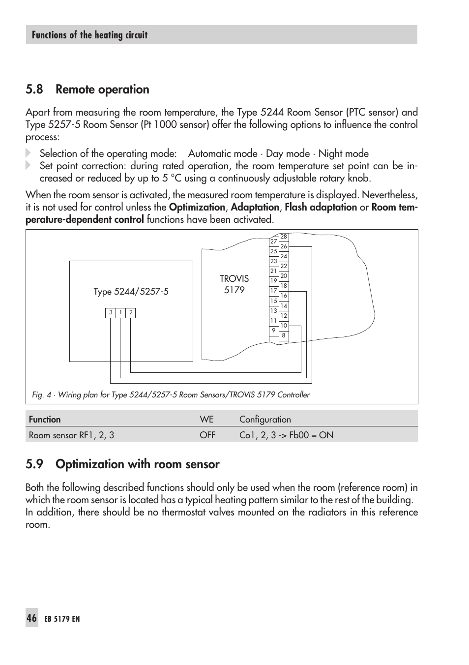 Op ti mi za ti on 46, Re mo te ope ra ti on 46, Pt 1000 46 | Ptc 46, 8 remote operation, 9 optimization with room sensor, Functions of the heating circuit | Samson Trovis 5100 User Manual | Page 46 / 142