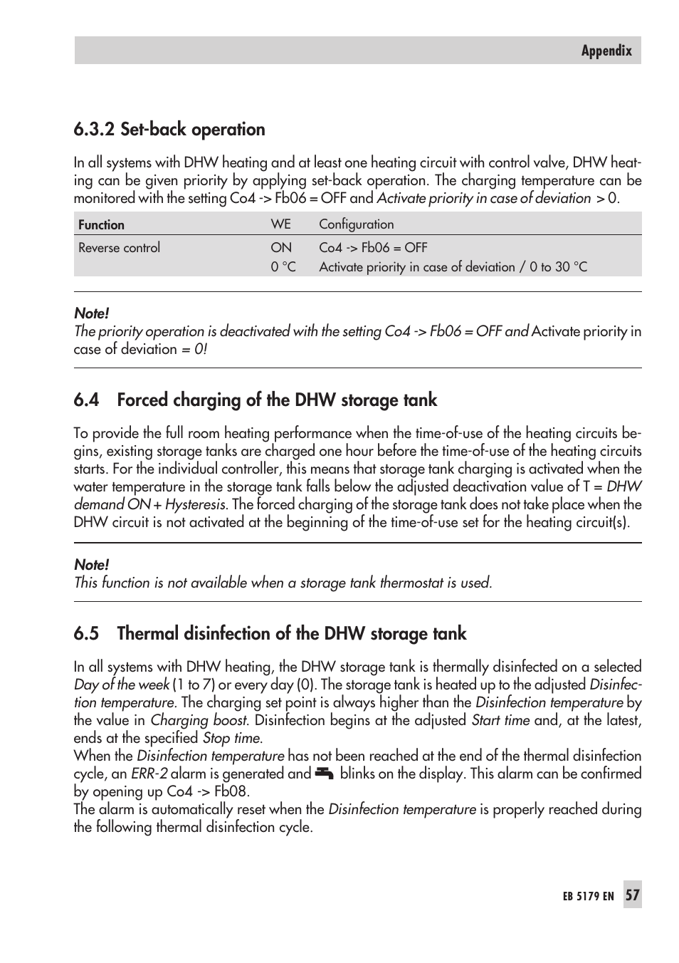For ced char ging, dhw sto ra ge tank 57, Set-back ope ra ti on 57, Ther mal dis in fec ti on 57 | 2 set-back operation, 4 forced charging of the dhw storage tank, 5 thermal disinfection of the dhw storage tank | Samson Trovis 5100 User Manual | Page 57 / 142