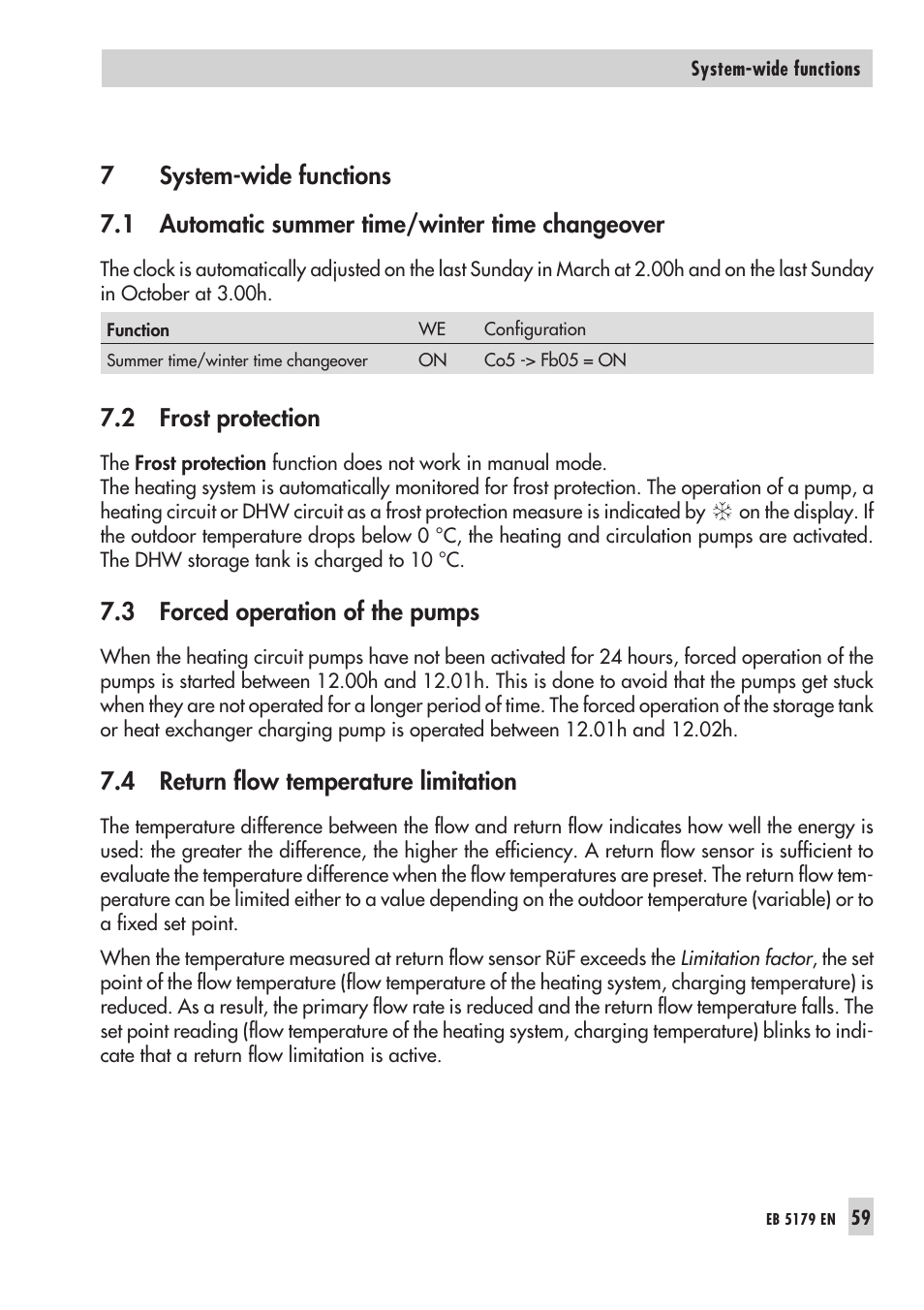 For ced ope ra ti on, pumps 59, Frost pro tec ti on 59, Re turn flow tem pe ra tu re li mi ta tion 59 | Sum mer time/win ter time chan geo ver 59, 2 frost protection, 3 forced operation of the pumps, 4 return flow temperature limitation | Samson Trovis 5100 User Manual | Page 59 / 142
