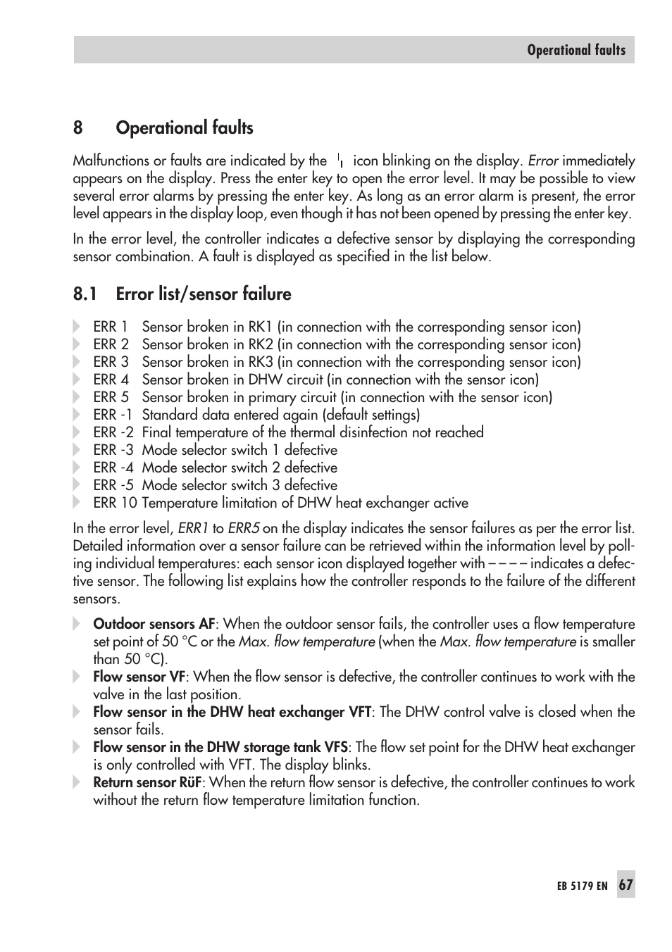 2 col lec tive error alarm 67, Ope ra tio nal faults 67 - 75, Sen sor fai lu re 67 | Collective error alarm | Samson Trovis 5100 User Manual | Page 67 / 142