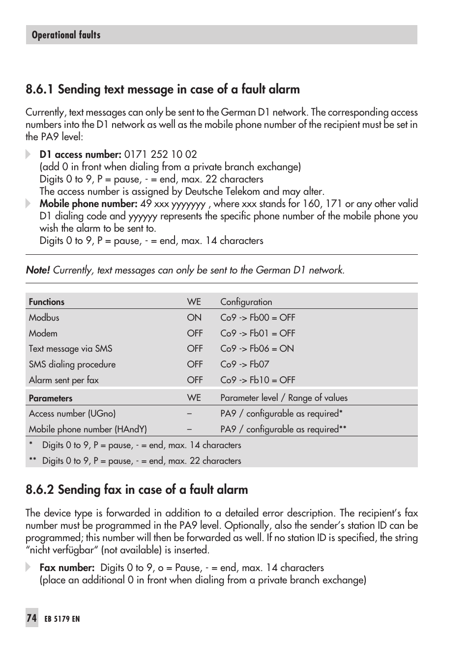 As fax 74, Text mes sa ge via sms in case of fault alarm 74, 1 sending text message in case of a fault alarm | 2 sending fax in case of a fault alarm | Samson Trovis 5100 User Manual | Page 74 / 142