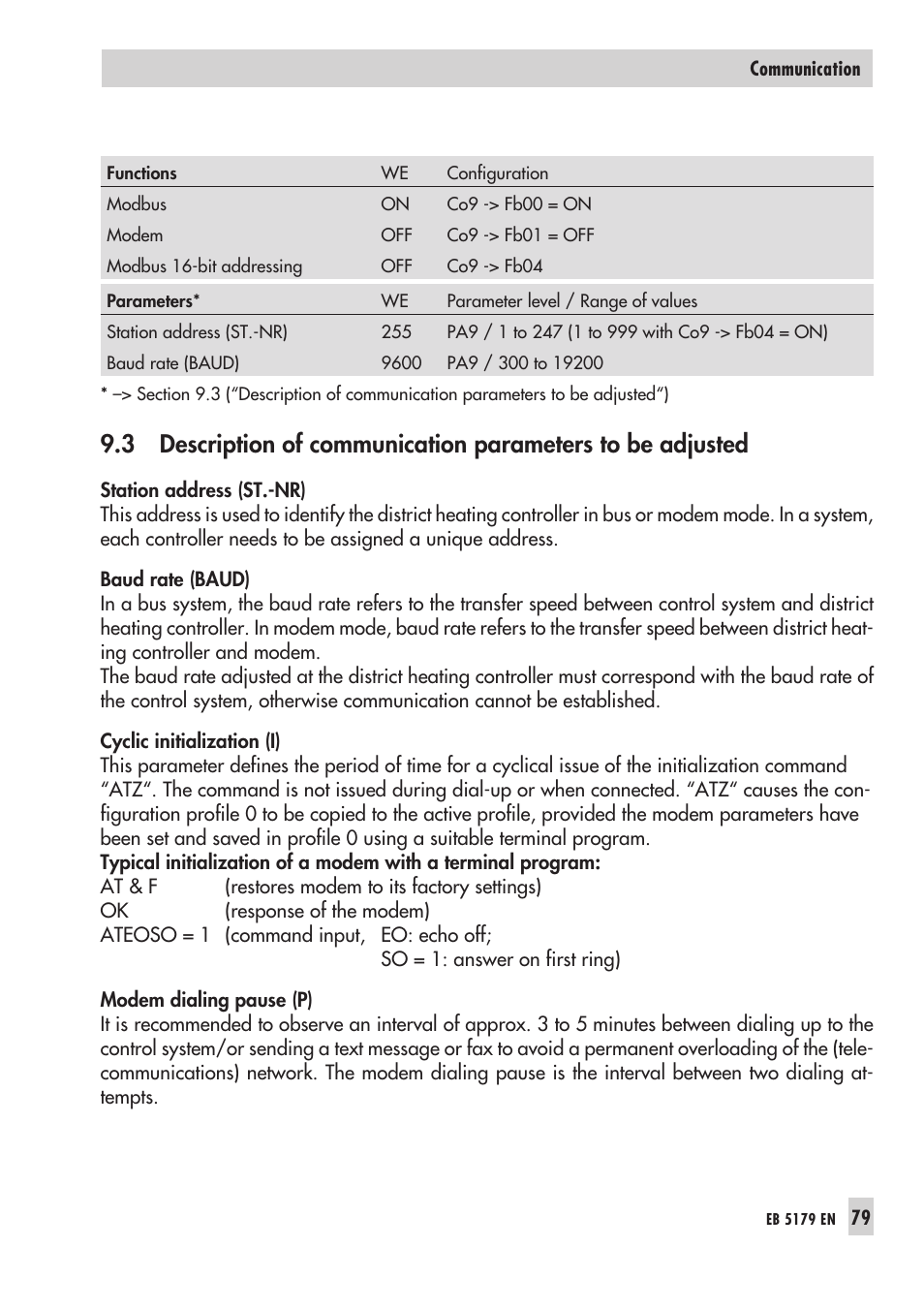 Baud rate 79, Com mu ni ca ti on pa ra me ters 79, Mo dem dia ling pau se 79 | Sta ti on ad dress 79 | Samson Trovis 5100 User Manual | Page 79 / 142