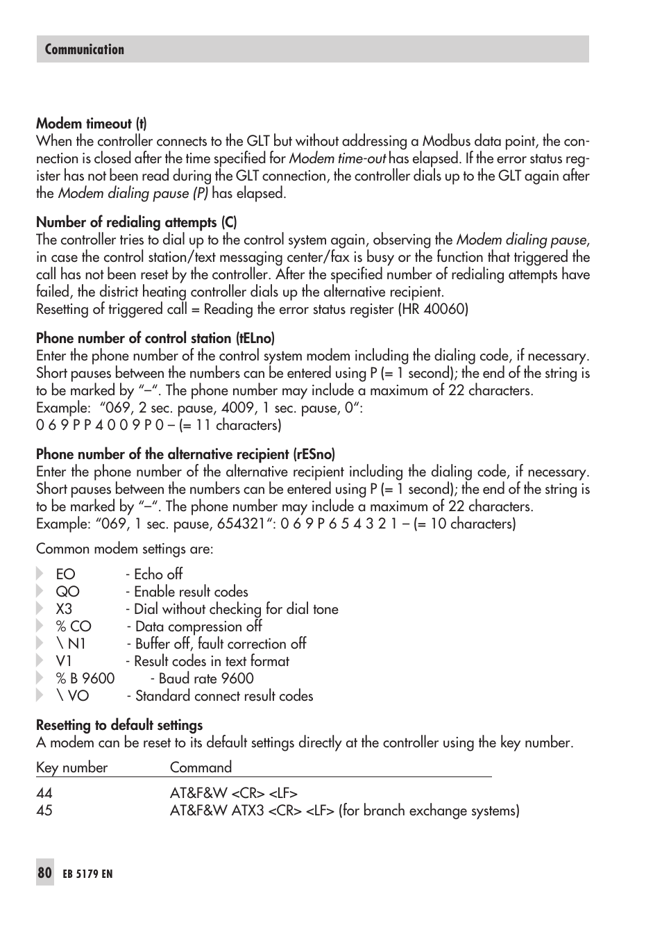 4 meter bus inter face 80, 1 acti va ting the meter bus 80, Con trol sta ti on, pho ne num ber 80 | Mo dem re dia ling at tempts, num ber of 80, Mo dem ti me out 80, Meter bus interface, Activating the meter bus | Samson Trovis 5100 User Manual | Page 80 / 142