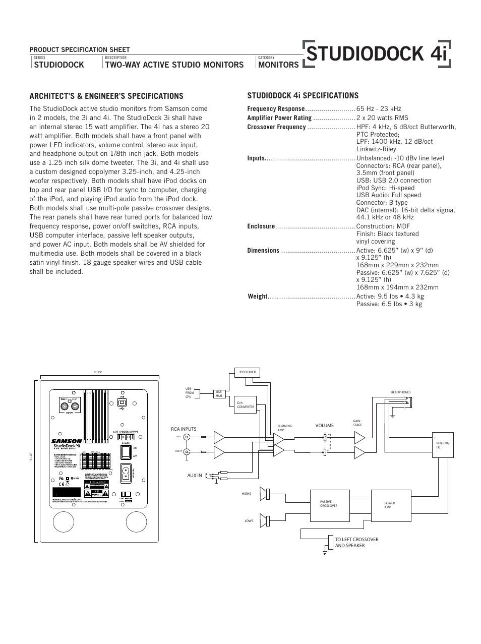 Studiodock 4i, Architect’s & engineer’s specifications, Studiodock | Two-way active studio monitors, Monitors studiodock 4i specifications | Samson STUDIODOCK 4i User Manual | Page 2 / 2