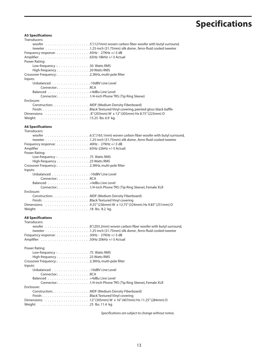 Specifications | Samson Resolv A5 User Manual | Page 15 / 16