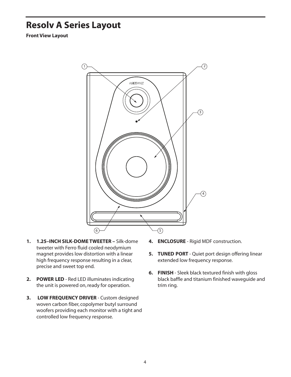 Rubicon r8a layout, Front view layout, Resolv a series layout | Samson Resolv A5 User Manual | Page 6 / 16