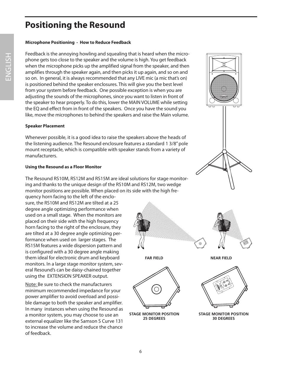 Positioning the resound, Microphone positioning - how to reduce feedback, Speaker placement | Using the resound as a floor monitor, English | Samson RS15 User Manual | Page 10 / 44