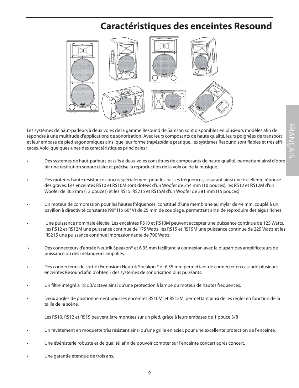 Caractéristiques des enceintes resound, Fr anç ais | Samson RS15 User Manual | Page 13 / 44