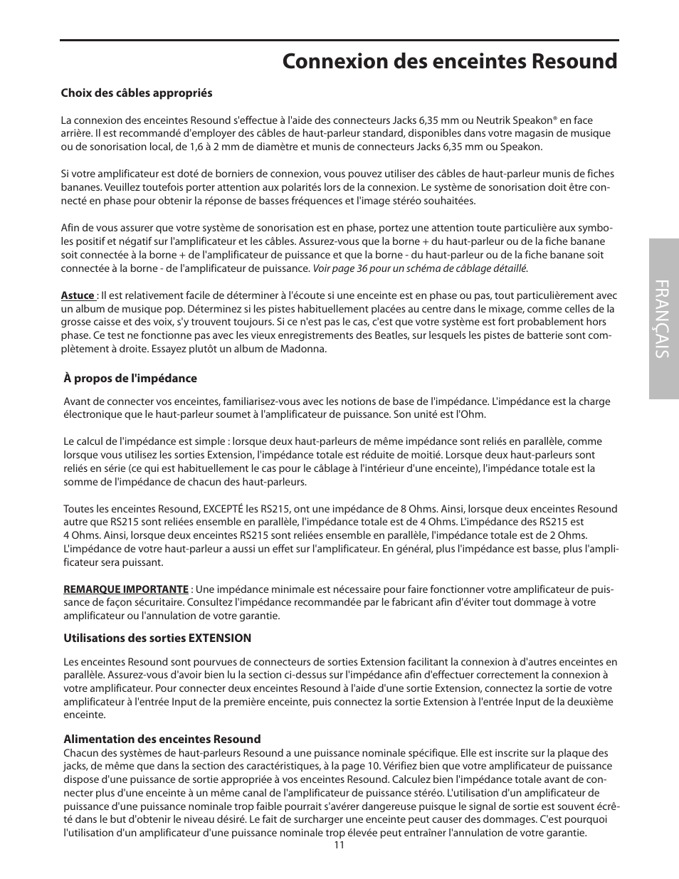 Connexion des enceintes resound, Fr anç ais | Samson RS15 User Manual | Page 15 / 44