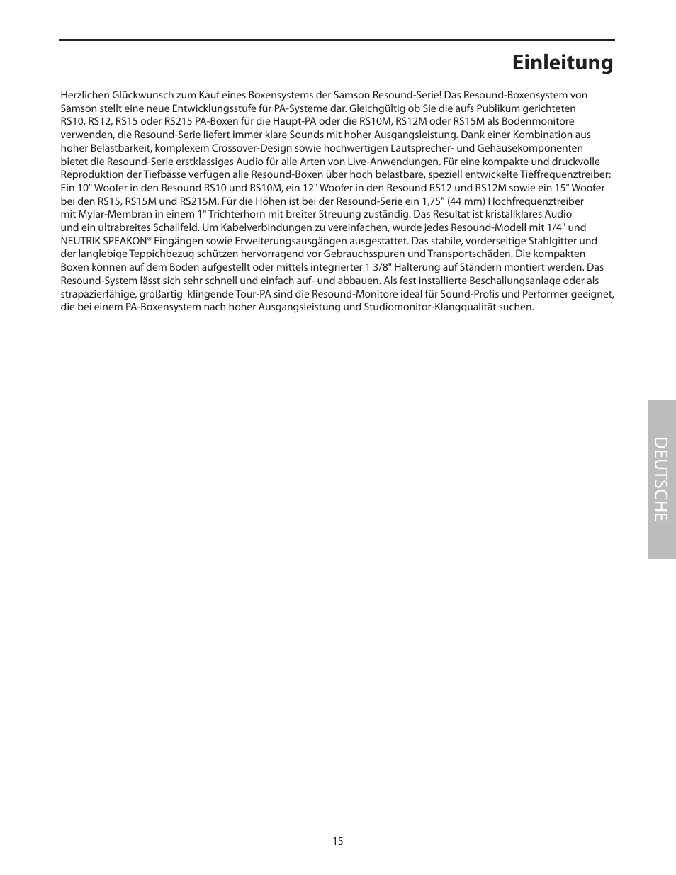 Deutsche, Einleitung, Deut sche | Samson RS15 User Manual | Page 19 / 44