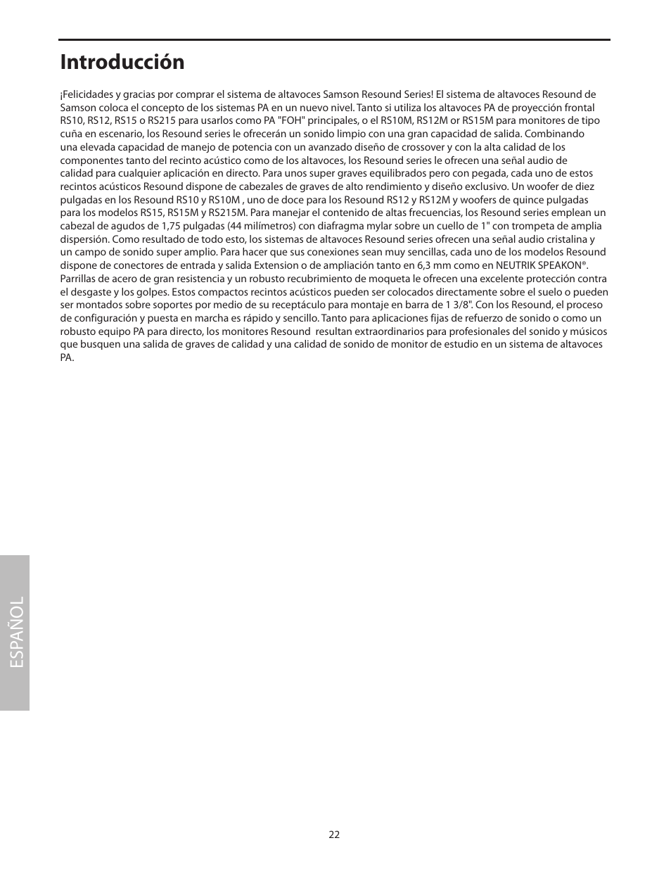 Español, Introducción, Esp añol | Samson RS15 User Manual | Page 26 / 44