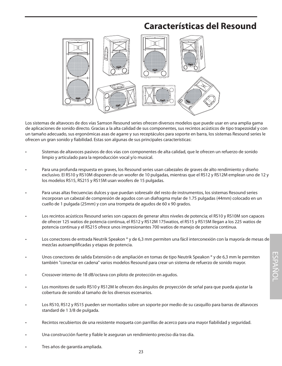 Características del resound, Esp añol | Samson RS15 User Manual | Page 27 / 44