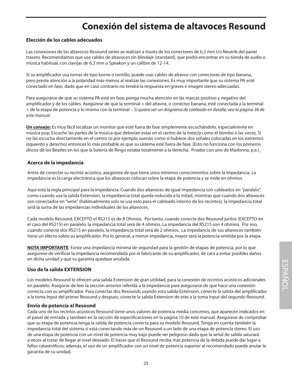 Conexión del sistema de altavoces resound, Esp añol | Samson RS15 User Manual | Page 29 / 44