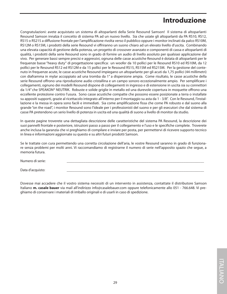 Italiano, Introduzione, It aliano | Samson RS15 User Manual | Page 33 / 44