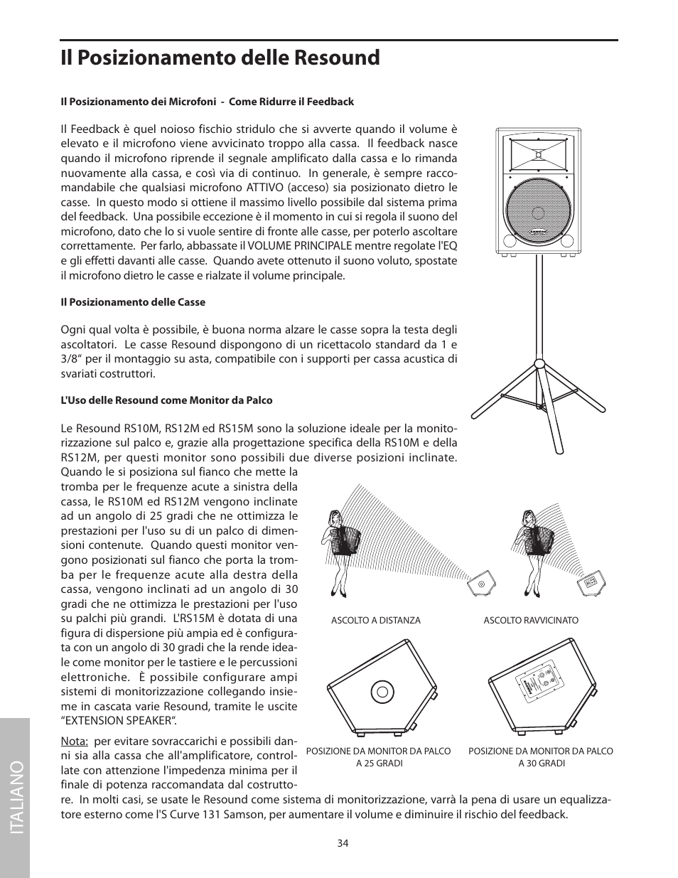 Il posizionamento delle resound, Il posizionamento delle casse, L'uso delle resound come monitor da palco | It aliano | Samson RS15 User Manual | Page 38 / 44