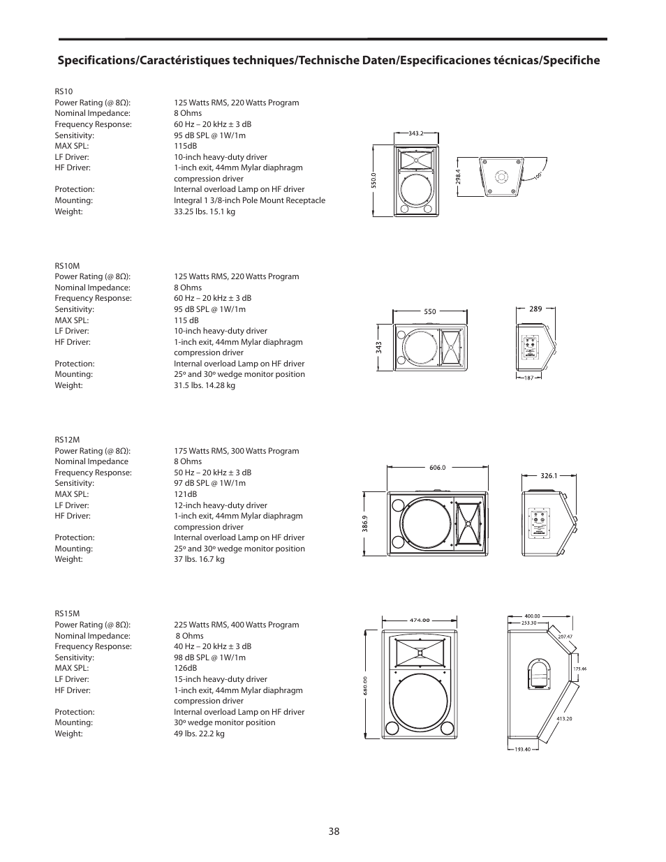 Specifications, Technische daten, Especificaciones técnicas | Specifiche | Samson RS15 User Manual | Page 42 / 44
