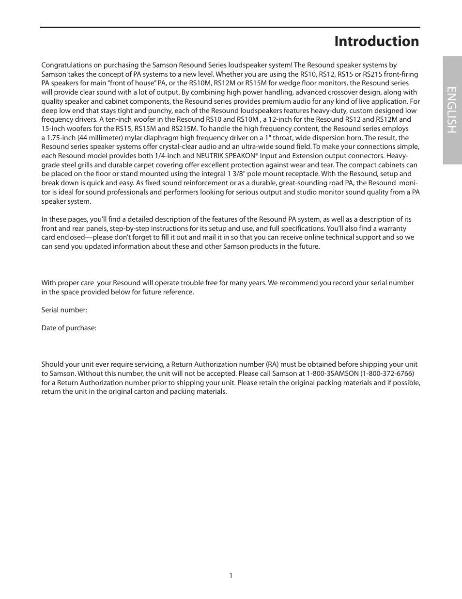 Introduction, English | Samson RS15 User Manual | Page 5 / 44
