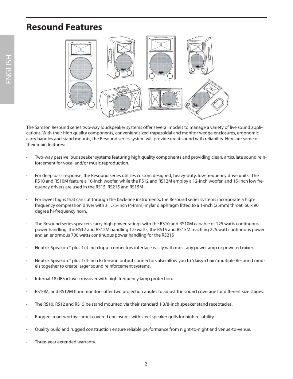 Resound features, English | Samson RS15 User Manual | Page 6 / 44