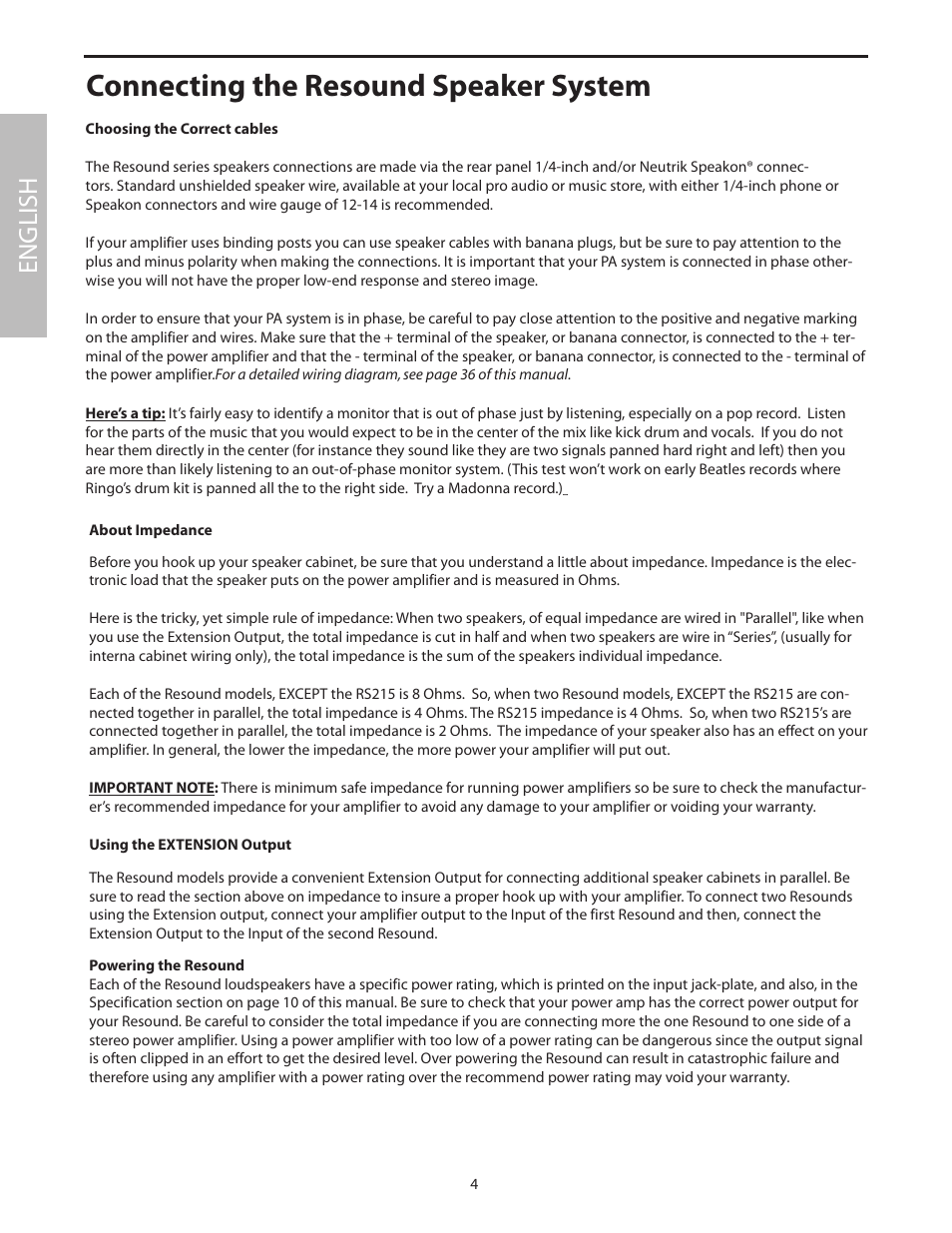 Connecting the resound speaker system, Choosing the correct cables, About impedance | Using the extension output, Powering the resound, English | Samson RS15 User Manual | Page 8 / 44