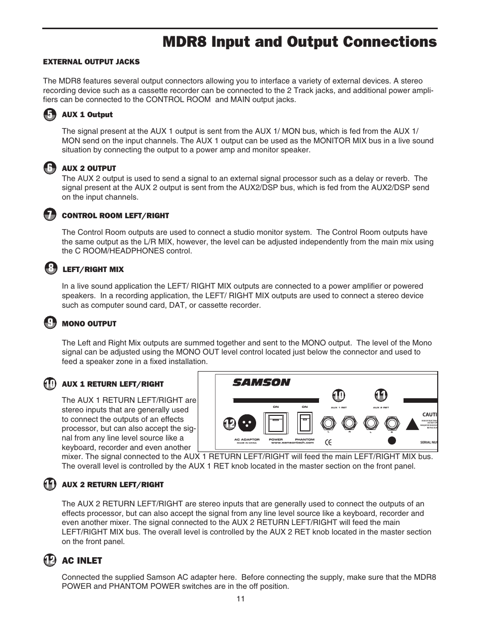 Mdr8 input and output connections, Ac inlet | Samson MDR8 User Manual | Page 13 / 24