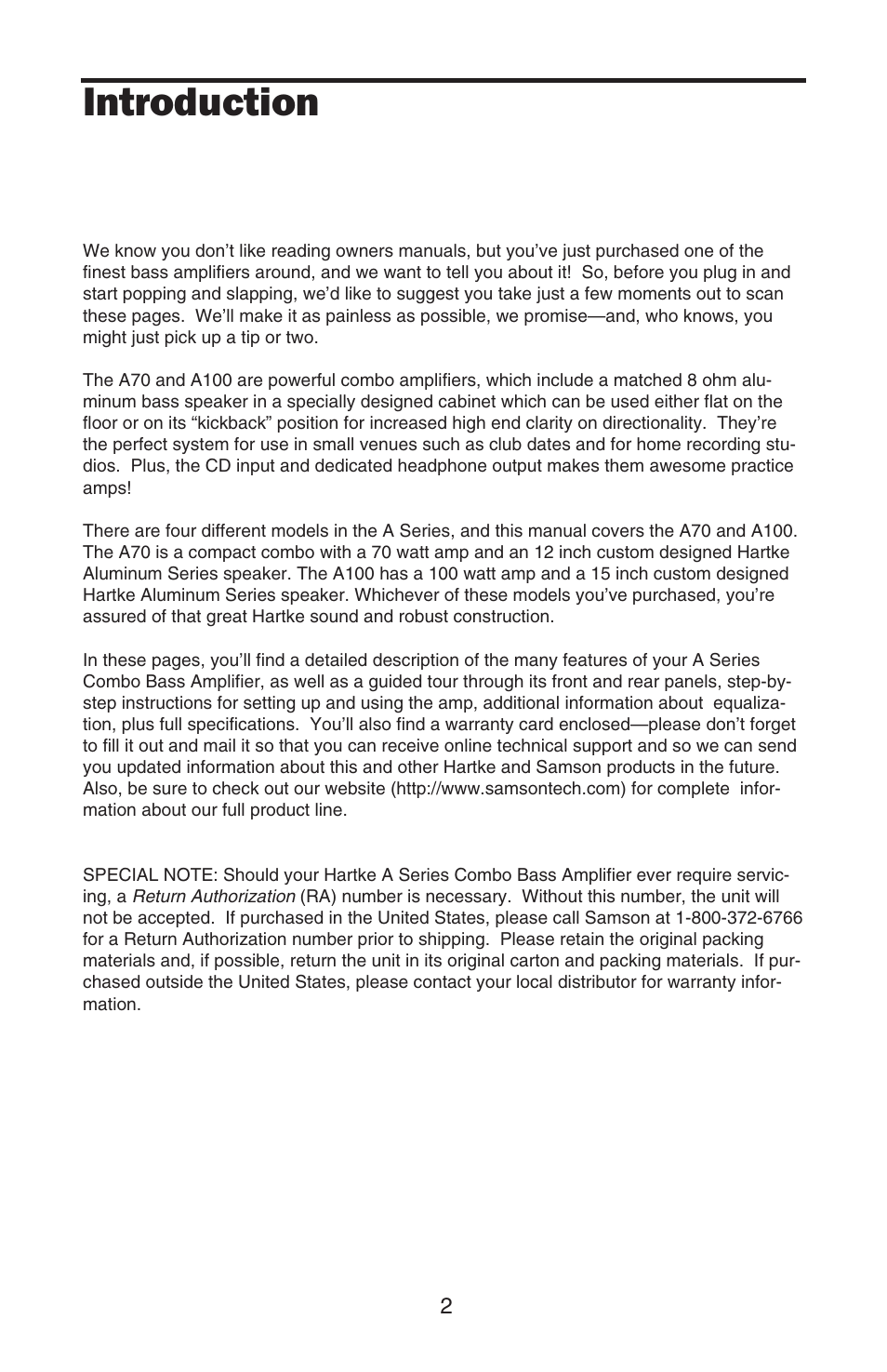 Introduction | Samson A100 User Manual | Page 4 / 16