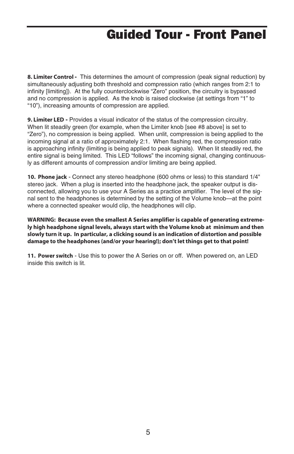 Guided tour - front panel | Samson A100 User Manual | Page 7 / 16