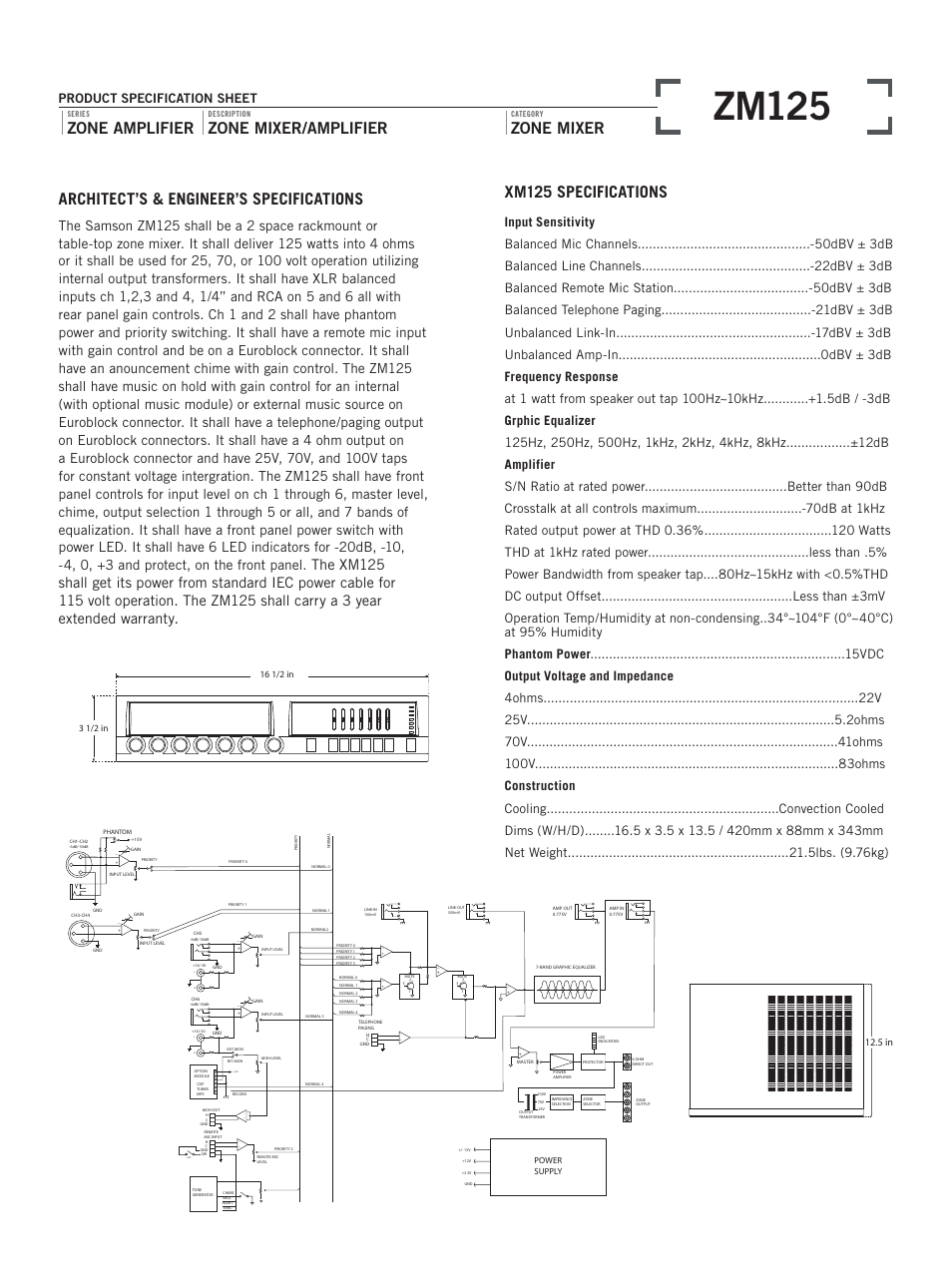 Zm125, Architect’s & engineer’s specifications, Xm125 specifications | Zone amplifier, Zone mixer/amplifier, Zone mixer | Samson ZM125 User Manual | Page 2 / 2