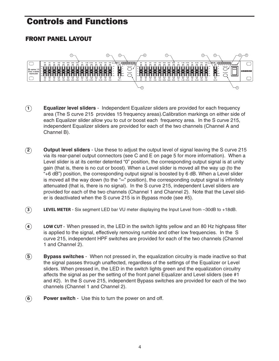 Controls and functions, Front panel layout | Samson 215 User Manual | Page 6 / 20