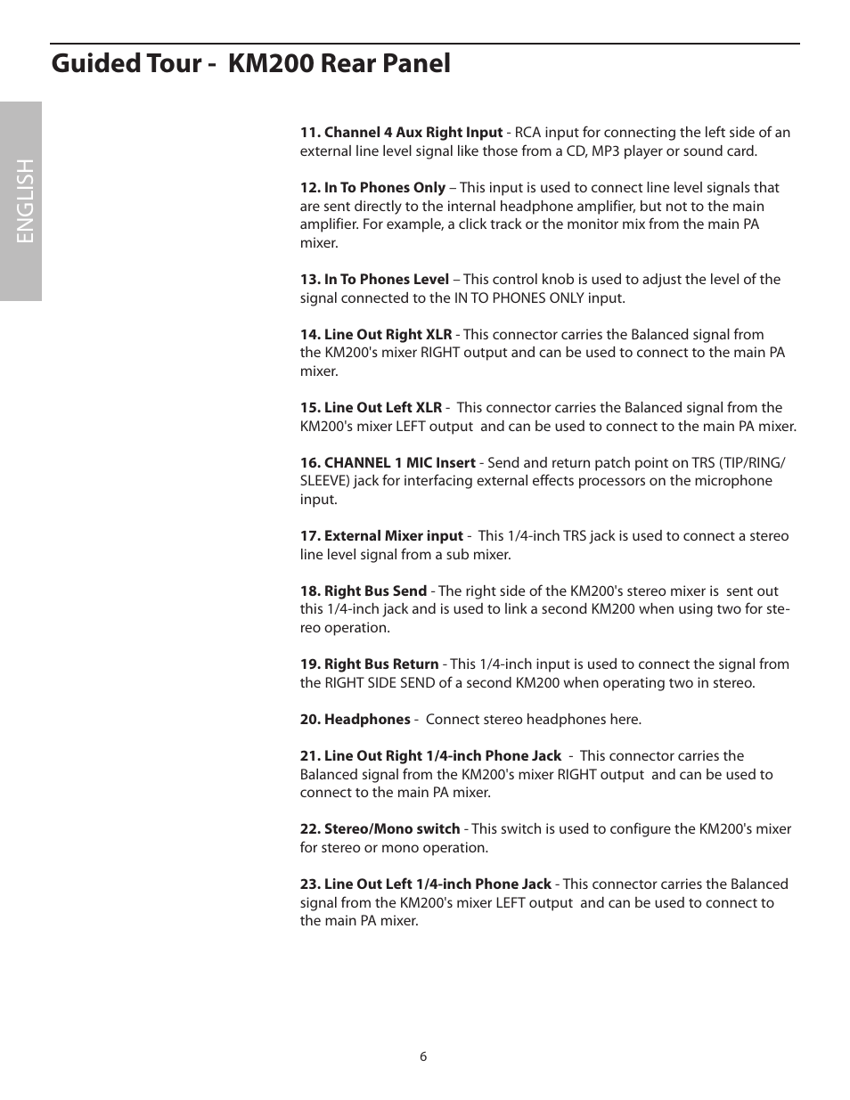 Guided tour - km200 rear panel, English | Samson KM200 User Manual | Page 10 / 72