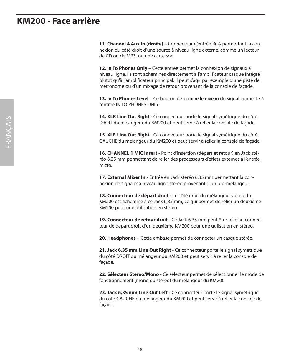 Km200 - face arrière, Fr anç ais | Samson KM200 User Manual | Page 22 / 72