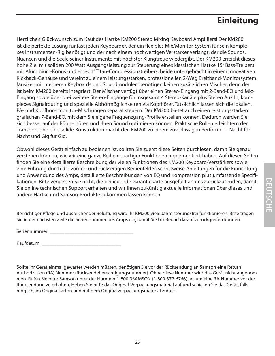 Deutsche, Einleitung, Deut sche | Samson KM200 User Manual | Page 29 / 72