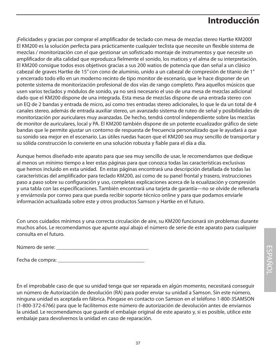 Español, Introducción, Esp añol | Samson KM200 User Manual | Page 41 / 72
