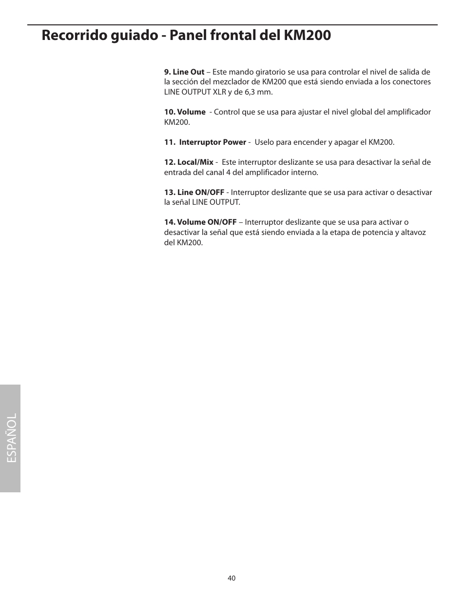 Recorrido guiado - panel frontal del km200, Esp añol | Samson KM200 User Manual | Page 44 / 72
