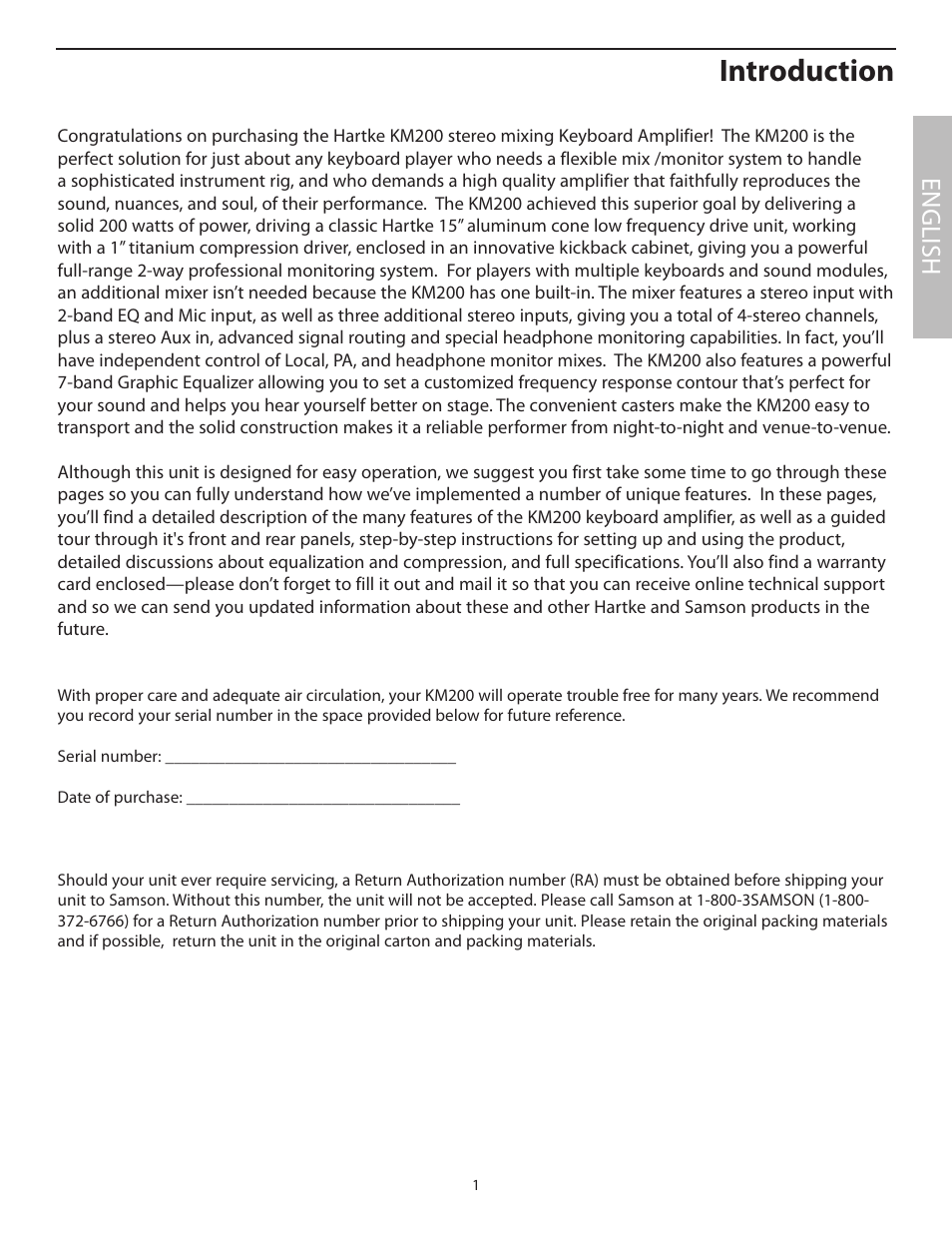 Introduction, English | Samson KM200 User Manual | Page 5 / 72