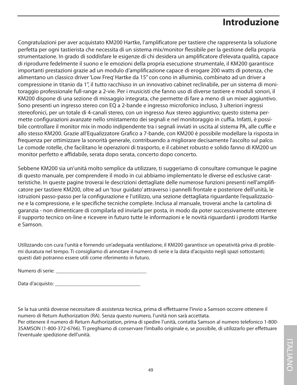 Italiano, Introduzione, It aliano | Samson KM200 User Manual | Page 53 / 72