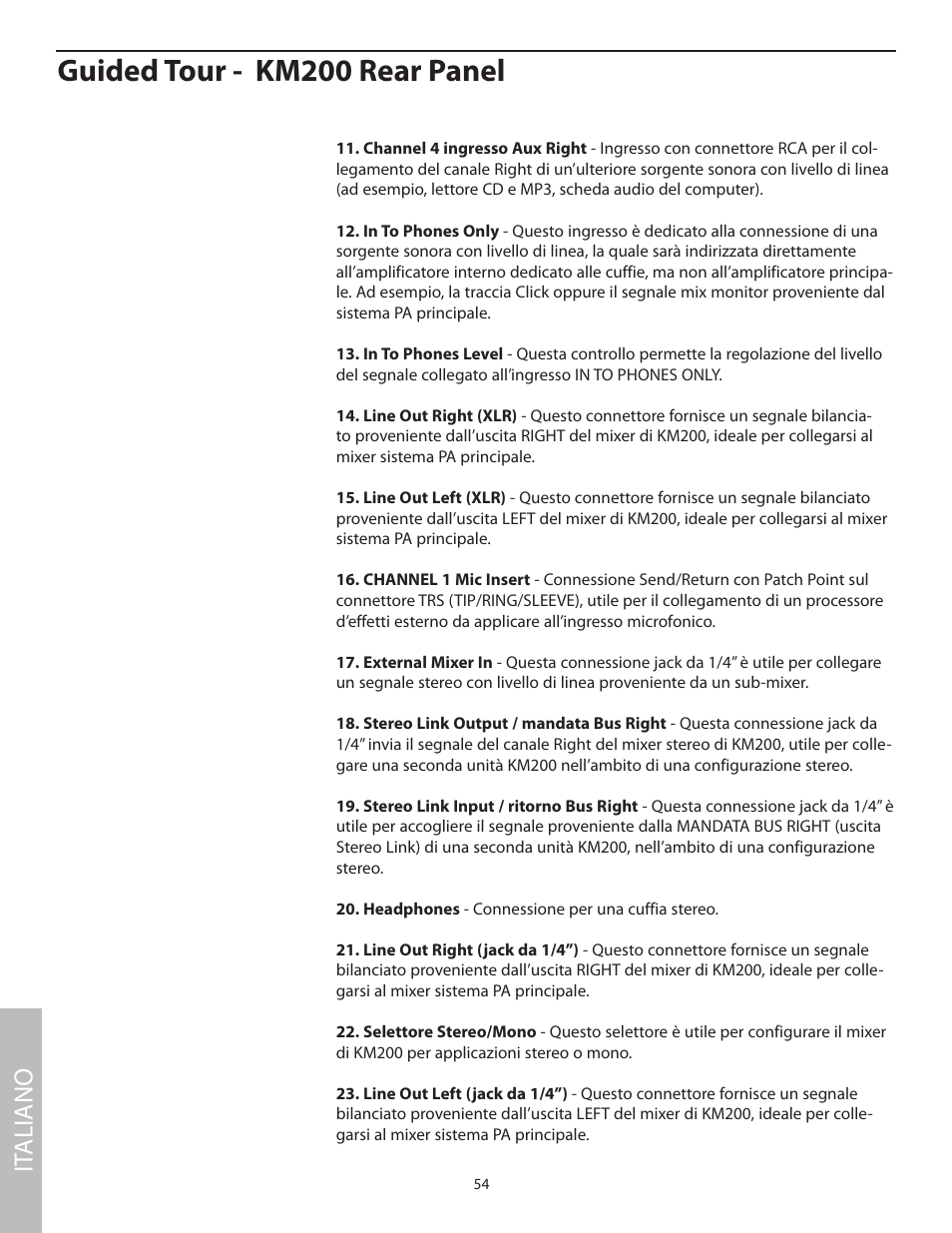 Guided tour - km200 rear panel, It aliano | Samson KM200 User Manual | Page 58 / 72