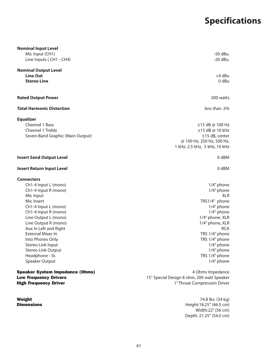 Specifications | Samson KM200 User Manual | Page 65 / 72
