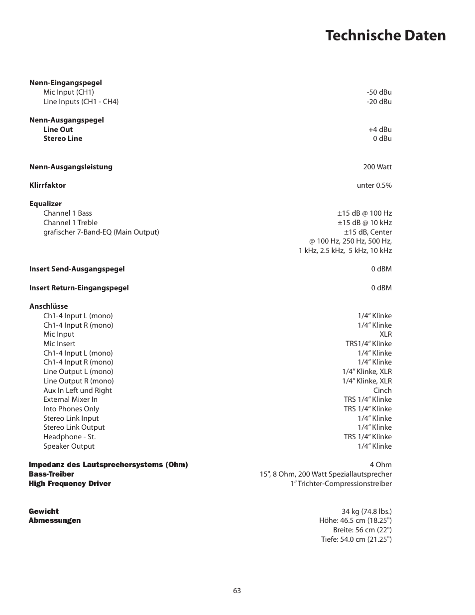 Technische daten | Samson KM200 User Manual | Page 67 / 72