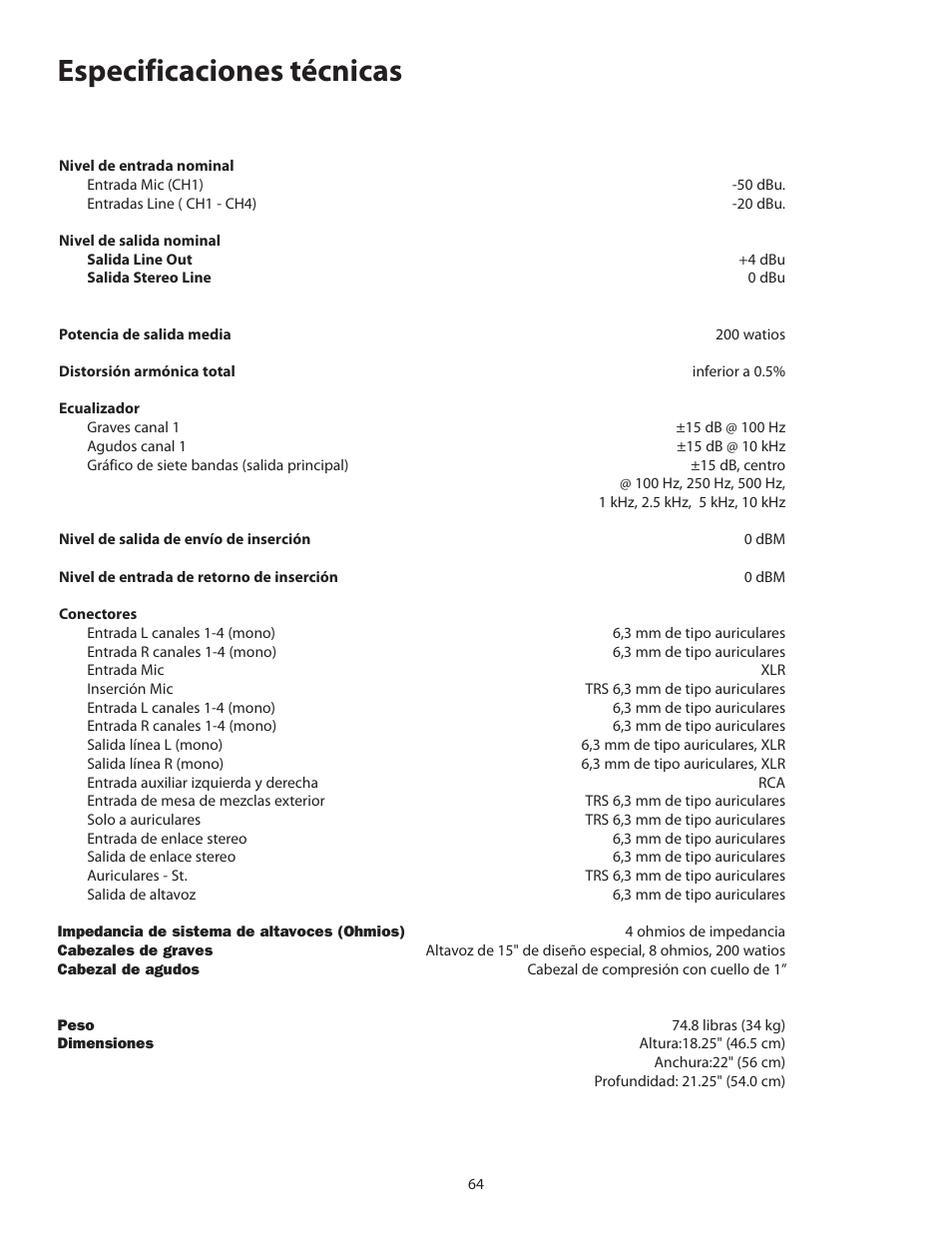 Especificaciones técnicas | Samson KM200 User Manual | Page 68 / 72
