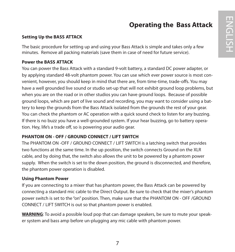 Operating the bass attack, English | Samson BASS PRE-AMP User Manual | Page 7 / 44