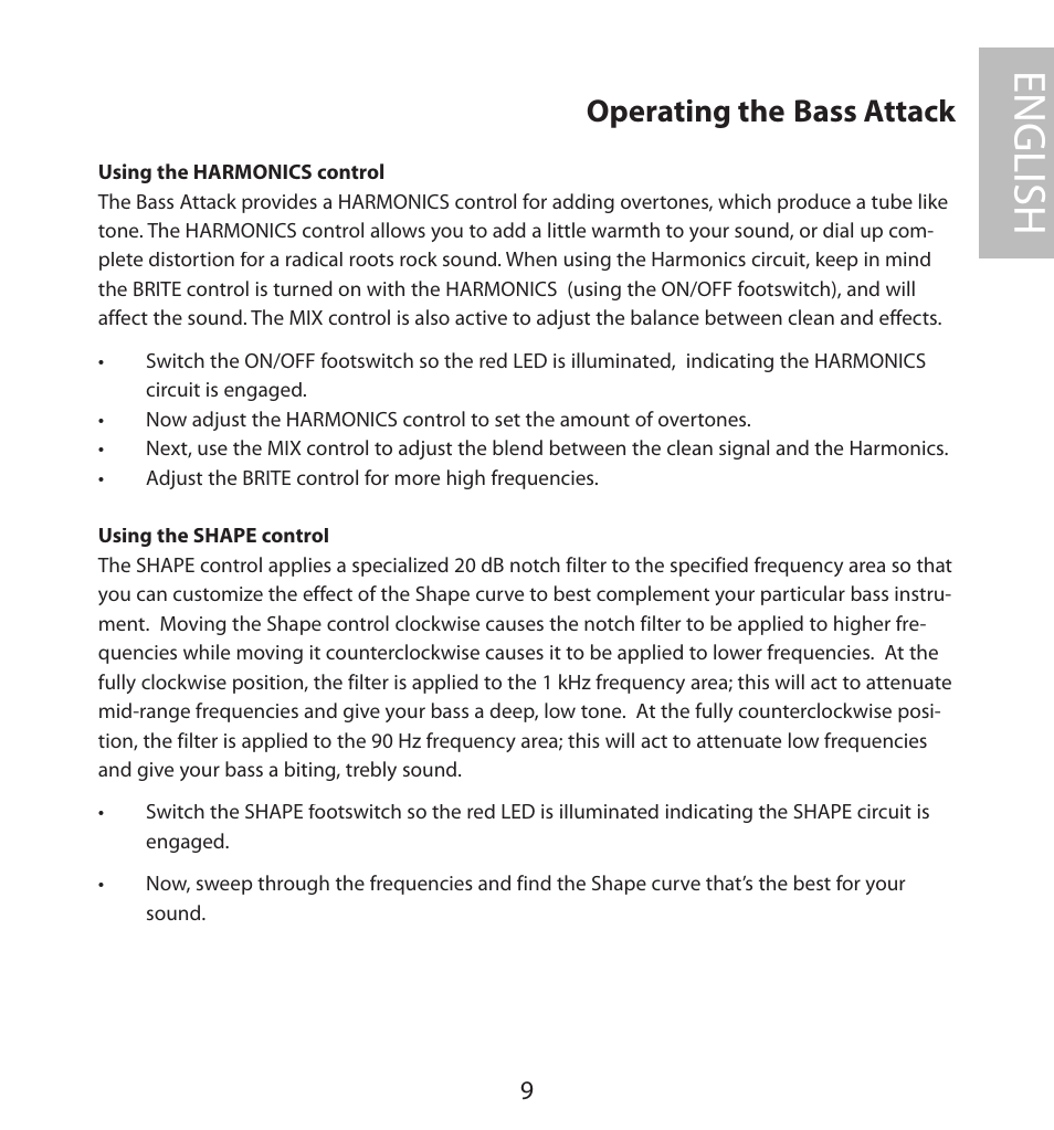 Operating the bass attack, English | Samson BASS PRE-AMP User Manual | Page 9 / 44