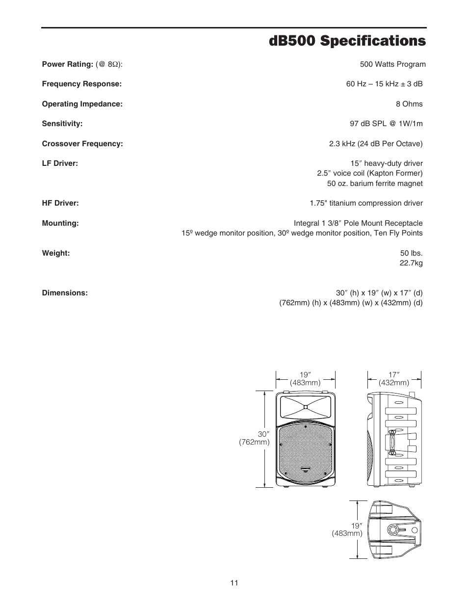 Db500 specifications | Samson dB500 User Manual | Page 13 / 14