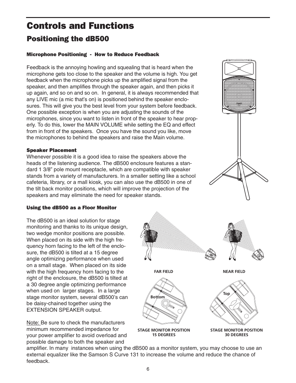 Controls and functions, Positioning the db500 | Samson dB500 User Manual | Page 8 / 14