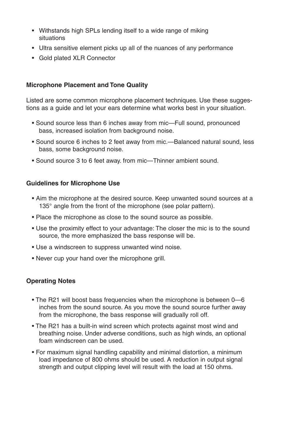 Microphone placement and tone quality, Guidelines for microphone use, Operating notes | Samson R21 User Manual | Page 2 / 4