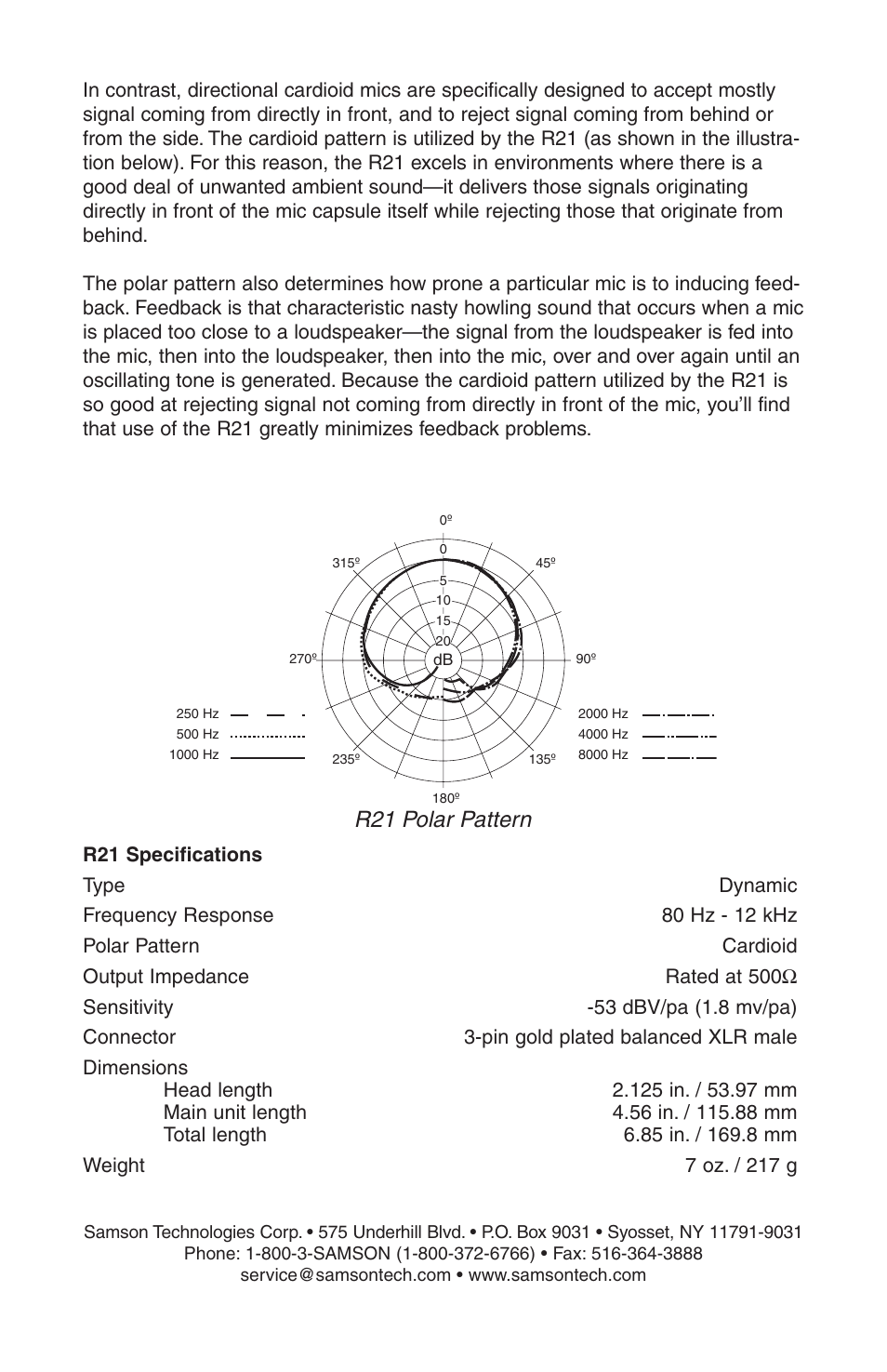 R21 polar pattern, R21 specifications | Samson R21 User Manual | Page 4 / 4