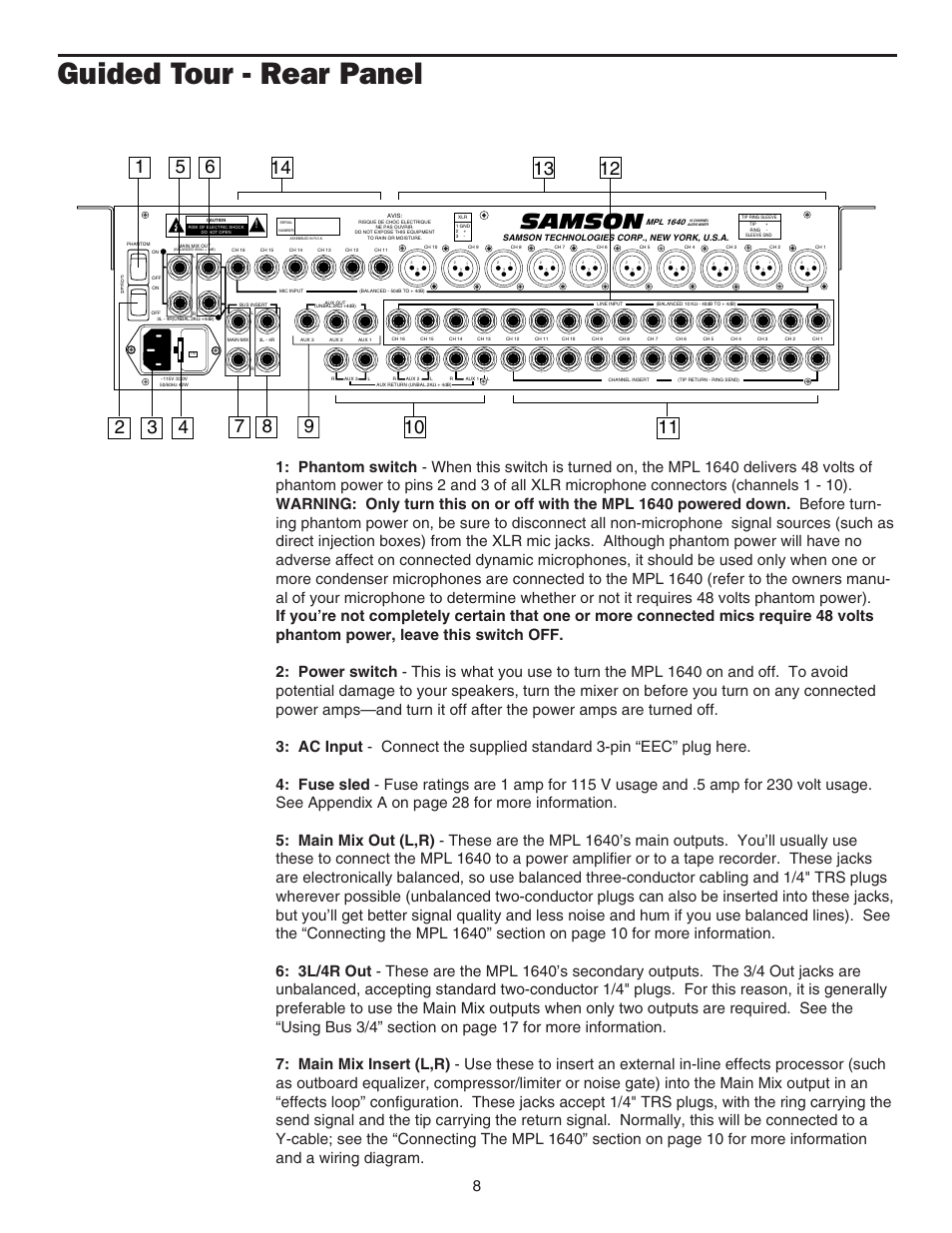 Rear panel, Rear panel 8, Guided tour - rear panel | Samson | Samson MPL 1640 User Manual | Page 10 / 34