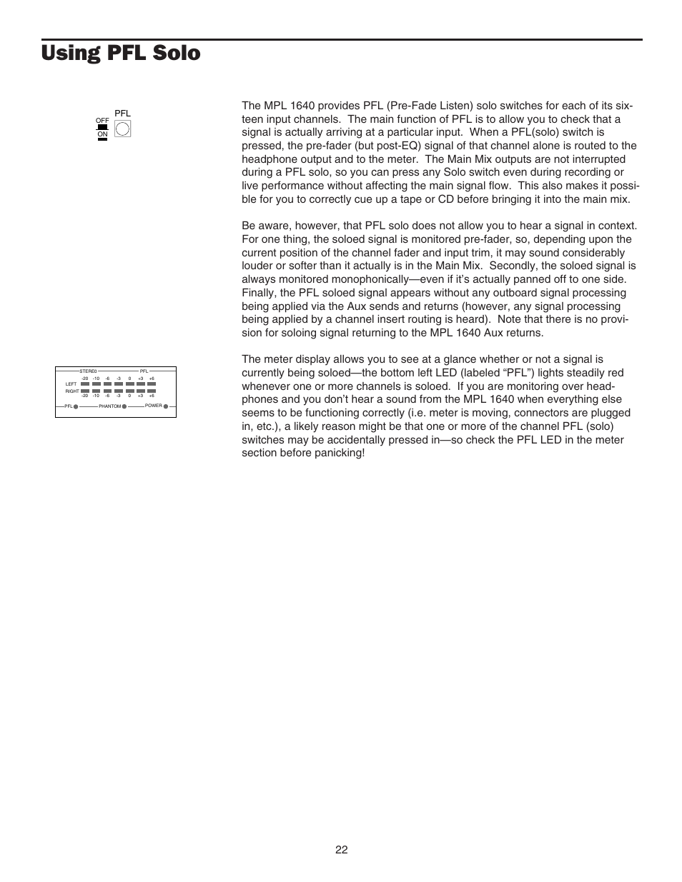 Using pfl solo, Using pfl solo 22 | Samson MPL 1640 User Manual | Page 24 / 34